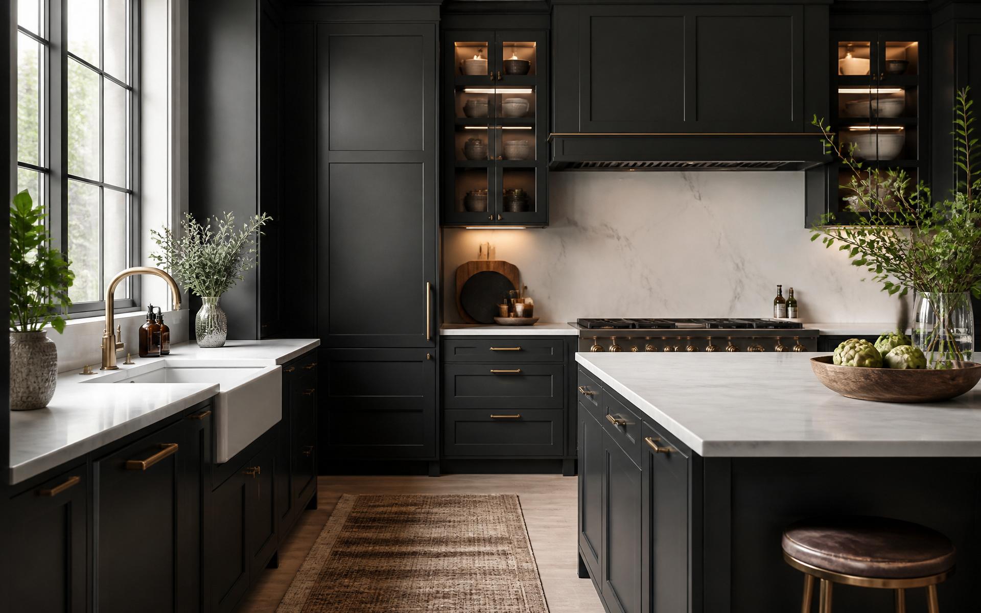 Custom charcoal shaker kitchen with brass hardware and marble countertops